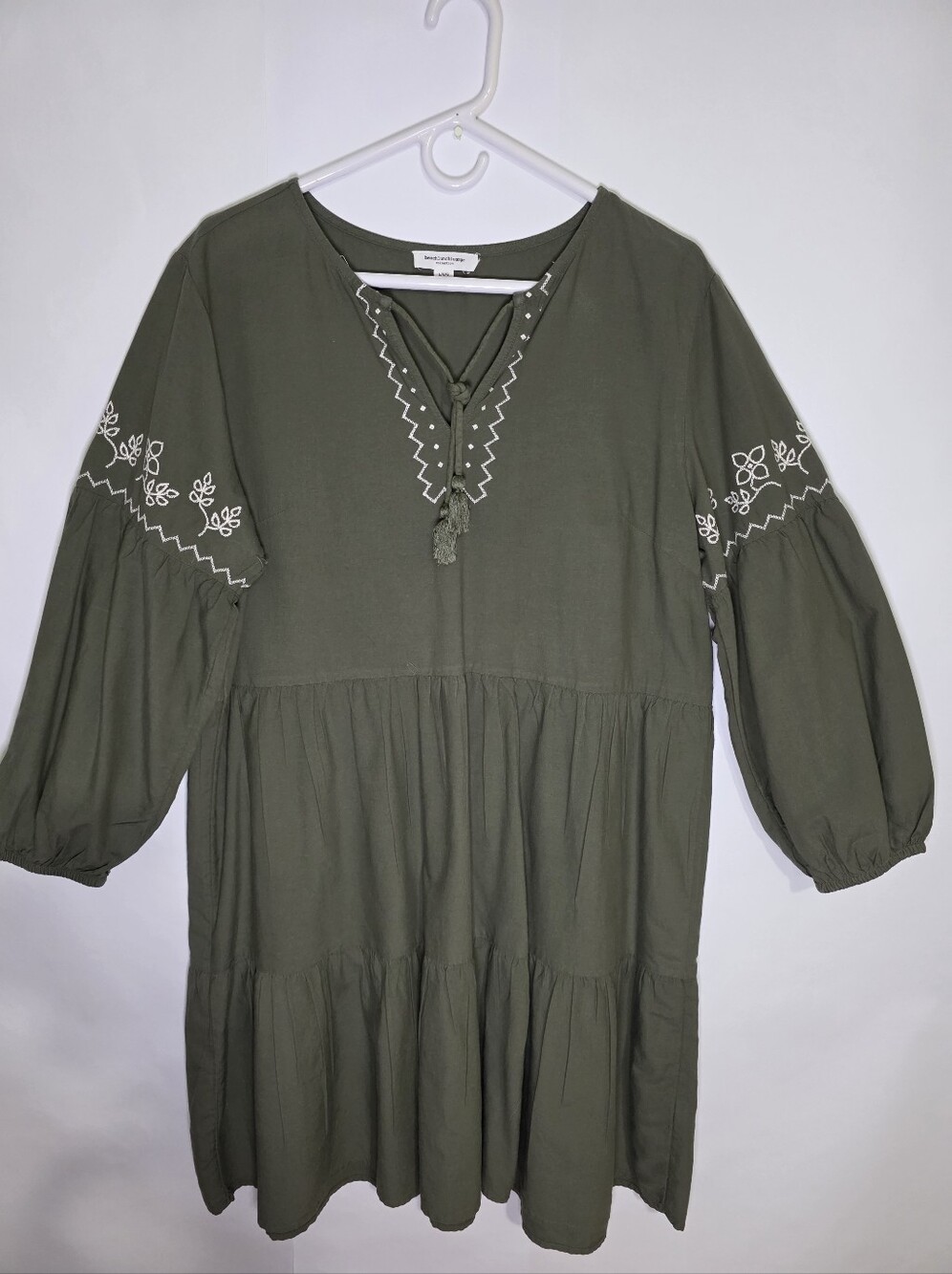 beachlunchlounge Olive Green Embroidered Tiered Midi Dress